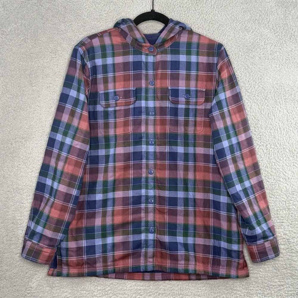 LL Bean Fleece Lined Flannel Hoodie Shacket Womens Medium Button Up Pockets